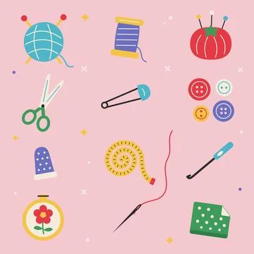 Cute Sewing And Craft Tools Collection On Pink Background Stockillustratie