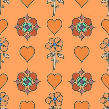 Cute shapes and hearts vector seamless repeat pattern in orange and green Stock Illustration