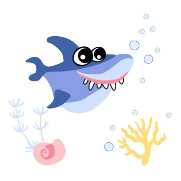 Cute shark with bubbles, shell and seaweed underwater. Vector of marine life Illustrazione stock