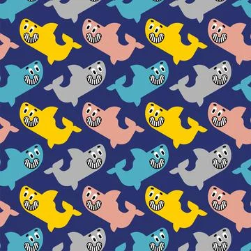 Cute shark pattern seamless. Cartoon sea predator background. Baby fabric tex Stock Illustration
