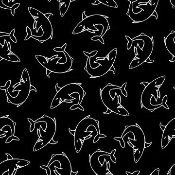 Cute Shark Seamless Pattern. Background with Hand Drawn Doodle Cute Fish. 스톡 일러스트