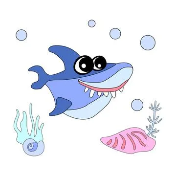 Cute shark with shells, bubbles and algae in the ocean. For posters, prints.. Illustrazione stock