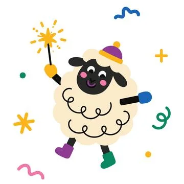 Cute Sheep Celebrating with Sparkler Stock Illustration