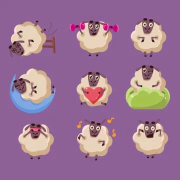 Cute Sheep Chatacter Emotions Collection Stock Illustration