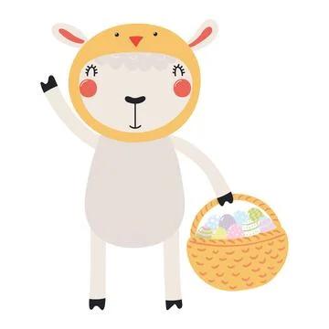 Cute sheep in chick hat, holding Easter eggs in basket character illustration Stock Illustration
