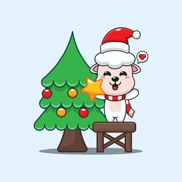 Cute sheep decorating the Christmas tree on Christmas day. Stock Illustration