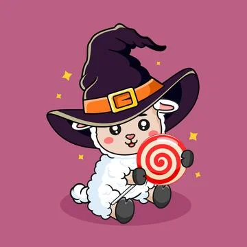 Cute Sheep Dressed as a Witch Holding a Lollipop Cartoon Vector Illustration Stock Illustration