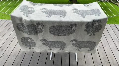 Cute sheep patterns on drying towel outdoors Видео 343864587