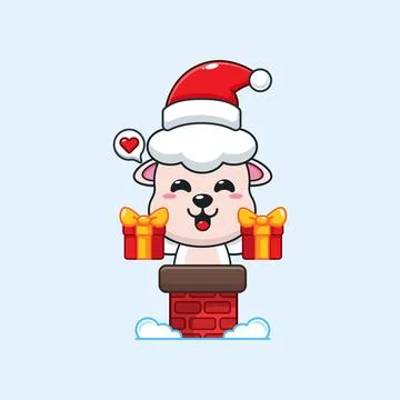 Cute sheep with santa hat holding Christmas gift box in the chimney. Stock Illustration