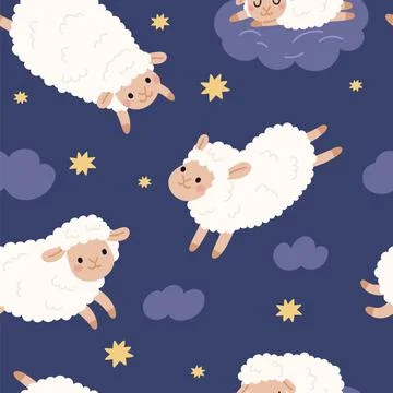 Cute sheep seamless pattern. Funny lambs in evening sky with stars and clouds Stockillustratie