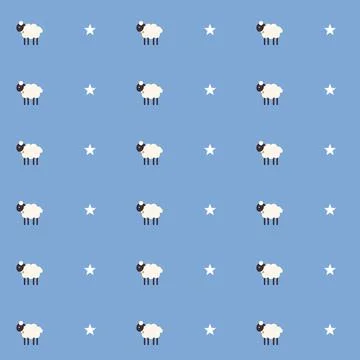Cute sheep seamless pattern with white stars on sky blue background, flat design Stock Illustration
