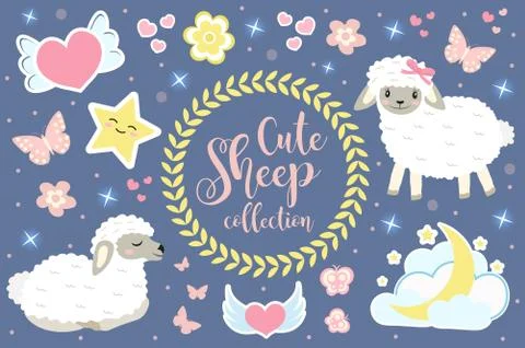 Cute sheep set objects. Collection design elements with lambs, hearts, stars Stock Illustration