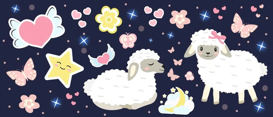 Cute sheep set objects. Collection design elements with lambs, hearts, stars Illustrazione stock