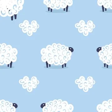 Cute sheep vector seamless pattern kids sweet dreams illustration on blue Stock Illustration
