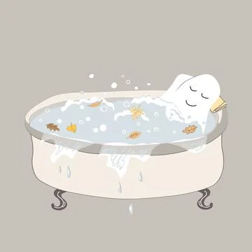 Cute sheet ghost taking a relaxing. bath. Halloween character. Cartoon vector Stock Illustration