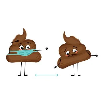 Cute shit character with emotions, face and mask keep distance Illustrazione stock