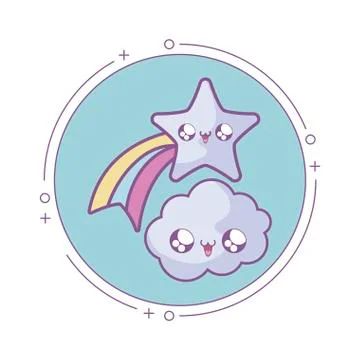 Cute shooting star with cloud in frame circular kawaii style 스톡 일러스트