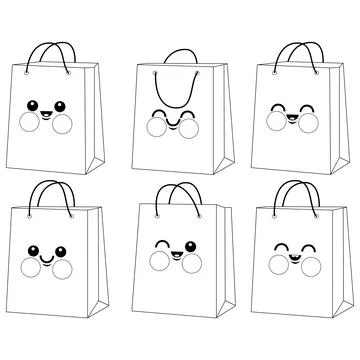 Cute shopping bag characters. Vector black and white coloring page. Stock Illustration