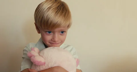Cute shot of a blond boy gently hugging his favorite soft toy. Joys of childhood Stock-Footage 346982852
