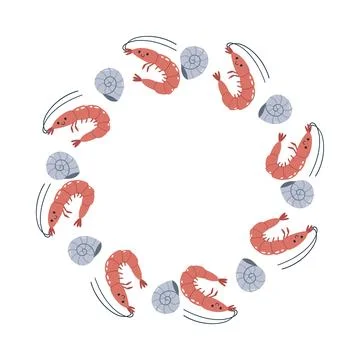 Cute Shrimp and Seashell Round Frame Vector Illustration イラスト素材