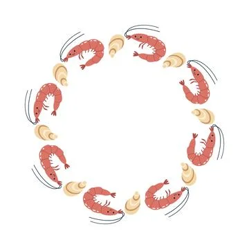 Cute Shrimp and Shells Wreath Vector Frame 스톡 일러스트