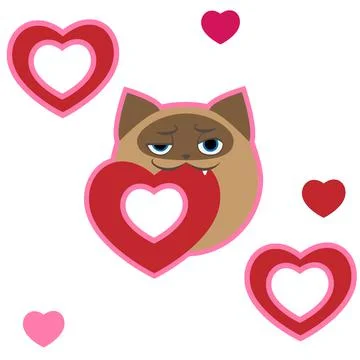 Cute siamese cat and red pink hearts valentine day vector seamless pattern. Stock Illustration