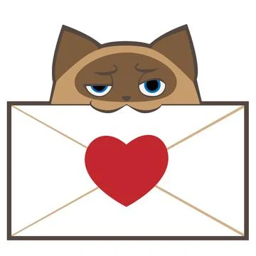Cute siamese cat and red heart envelope valentine day vector illustration. Stock Illustration