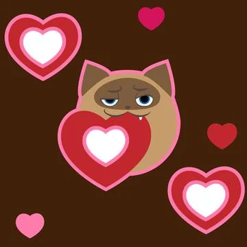 Cute siamese cat and red pink hearts on brown background valentine day vector Stock Illustration
