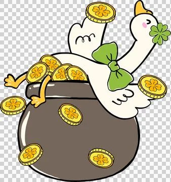 Cute Silly Goose St. Patrick day in Pot of Gold Coin Cartoon Hand Drawn Stock Illustration