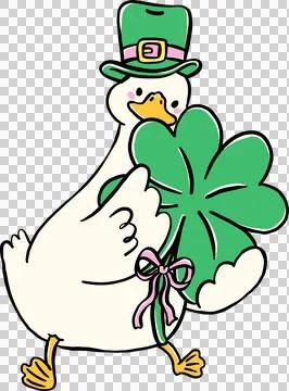 Cute Silly Goose St. Patrick day Wearing Leprechaun Hat with Clover Cartoon.. Stock Illustration