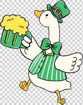 Cute Silly Goose St. Patrick day Wearing Leprechaun Holding Glass of Beer H.. Stock Illustration