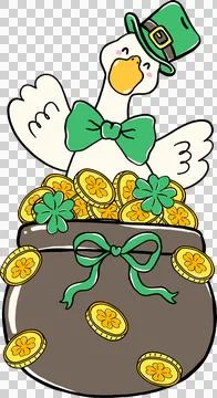 Cute Silly Goose St. Patrick day Wearing Leprechaun in Pot of Gold Coin Han.. Stock Illustration