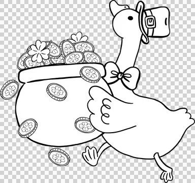 Cute Silly Goose St. Patrick day Outline Carrying Pot of Gold Coin Cartoon .. Stock Illustration