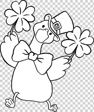 Cute Silly Goose St. Patrick day Outline with Four Leaf Clover Cartoon Hand.. Illustrazione stock