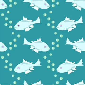 Cute silver fish with bubbles vector seamless repeatable pattern on a sea blu Stock Illustration
