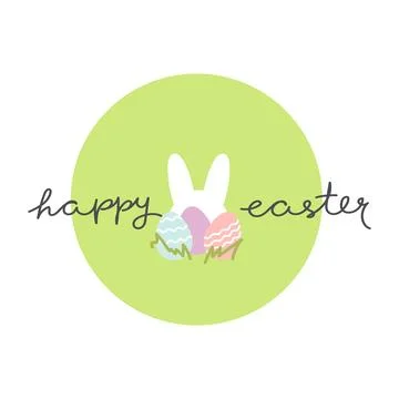Cute simple Happy Easter logo with festive eggs and bunny silhouette on bri.. 스톡 일러스트