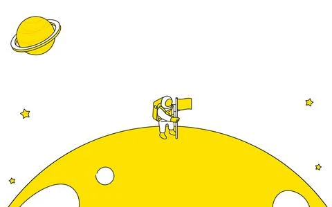 Cute simple line drawing illustration of an astronaut pointing a flag on th.. Illustrazione stock