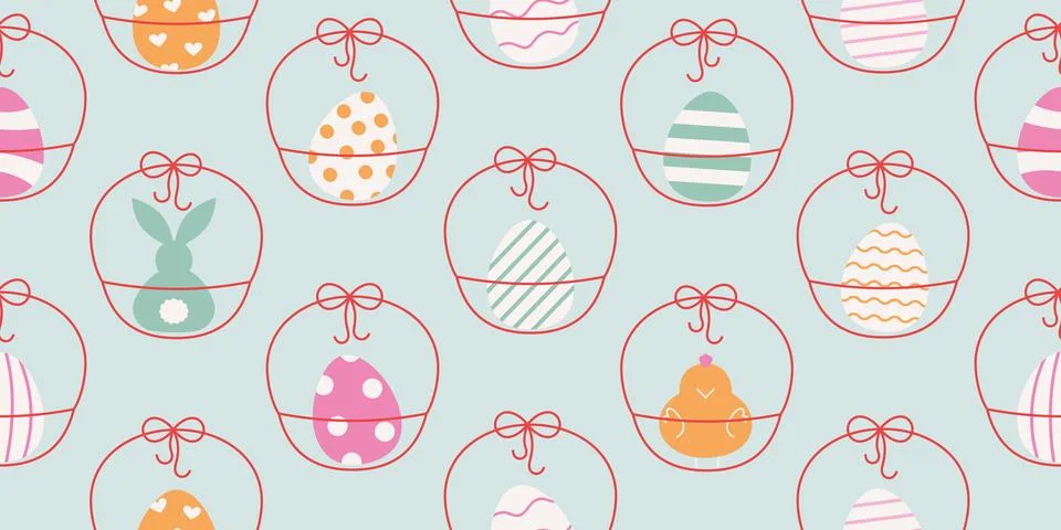 Cute simple round line easter gift baskets with festive eggs, rabbit, chick 스톡 일러스트