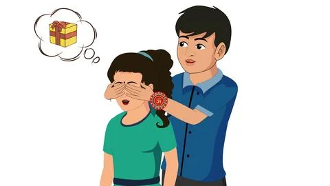 Cute sister tying Rakhi while thinking of gift – Funny Raksha Bandhan cartoon  Stock Illustration
