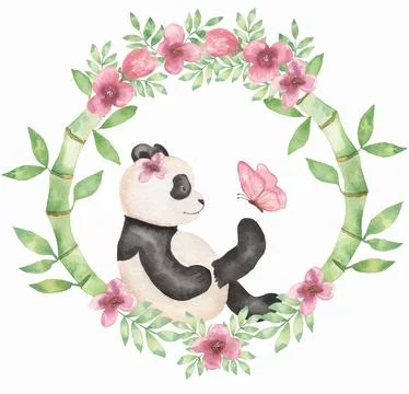 Cute siting panda with bamboo sprig, pink flowers and butterfly wreath illu.. Stock Illustration