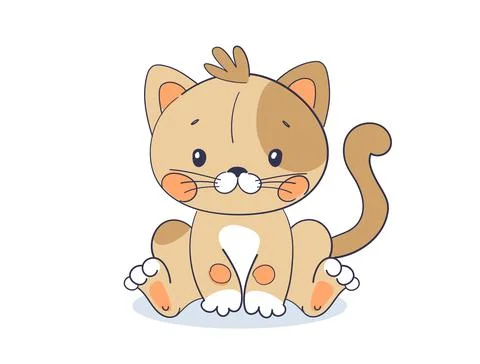 Cute sitting kitten, simple flat cartoon illustration of a pet. Character for a Stock Illustration