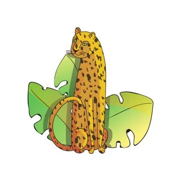 Cute sitting leopard and tropical leaves in doodle style. Large wild cat with Stock Illustration