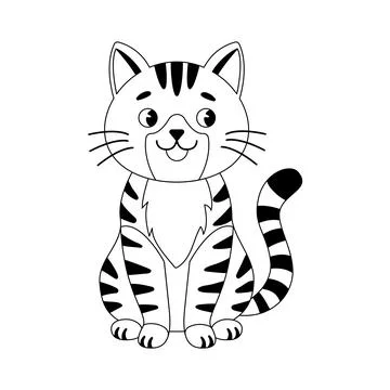 Cute sitting striped cat line art illustration for kids coloring book Stock Illustration