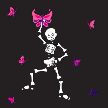 Cute skeleton dancing with pink butterfly. Vector illustration . Stock Illustration
