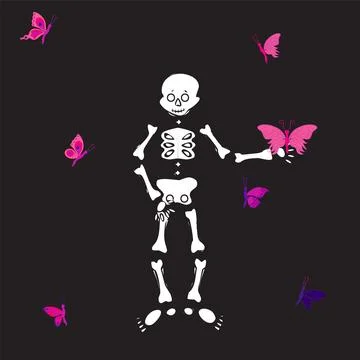 Cute skeleton dancing with pink butterfly. Vector illustration . Stock Illustration