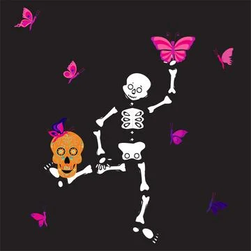 Cute skeleton dancing with pink butterfly. Vector illustration . Stock Illustration