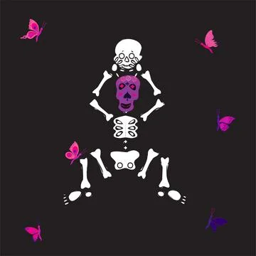 Cute skeleton dancing with sugar skull and pink butterfly. Vector illustrat.. Stock Illustration
