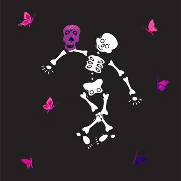 Cute skeleton dancing with sugar skull and pink butterfly. Vector illustrat.. イラスト素材
