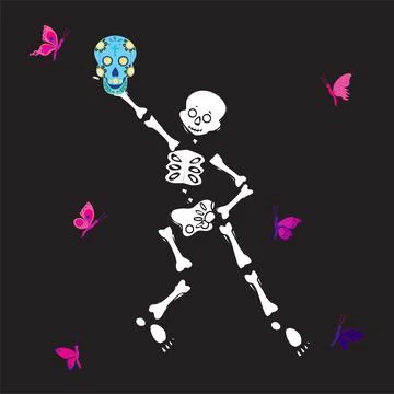 Cute skeleton dancing with sugar skull and pink butterfly. Vector illustration. Stock Illustration