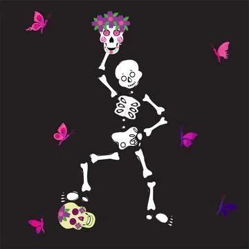 Cute skeleton dancing with sugar skull and pink butterfly. Vector illustration. Stock Illustration
